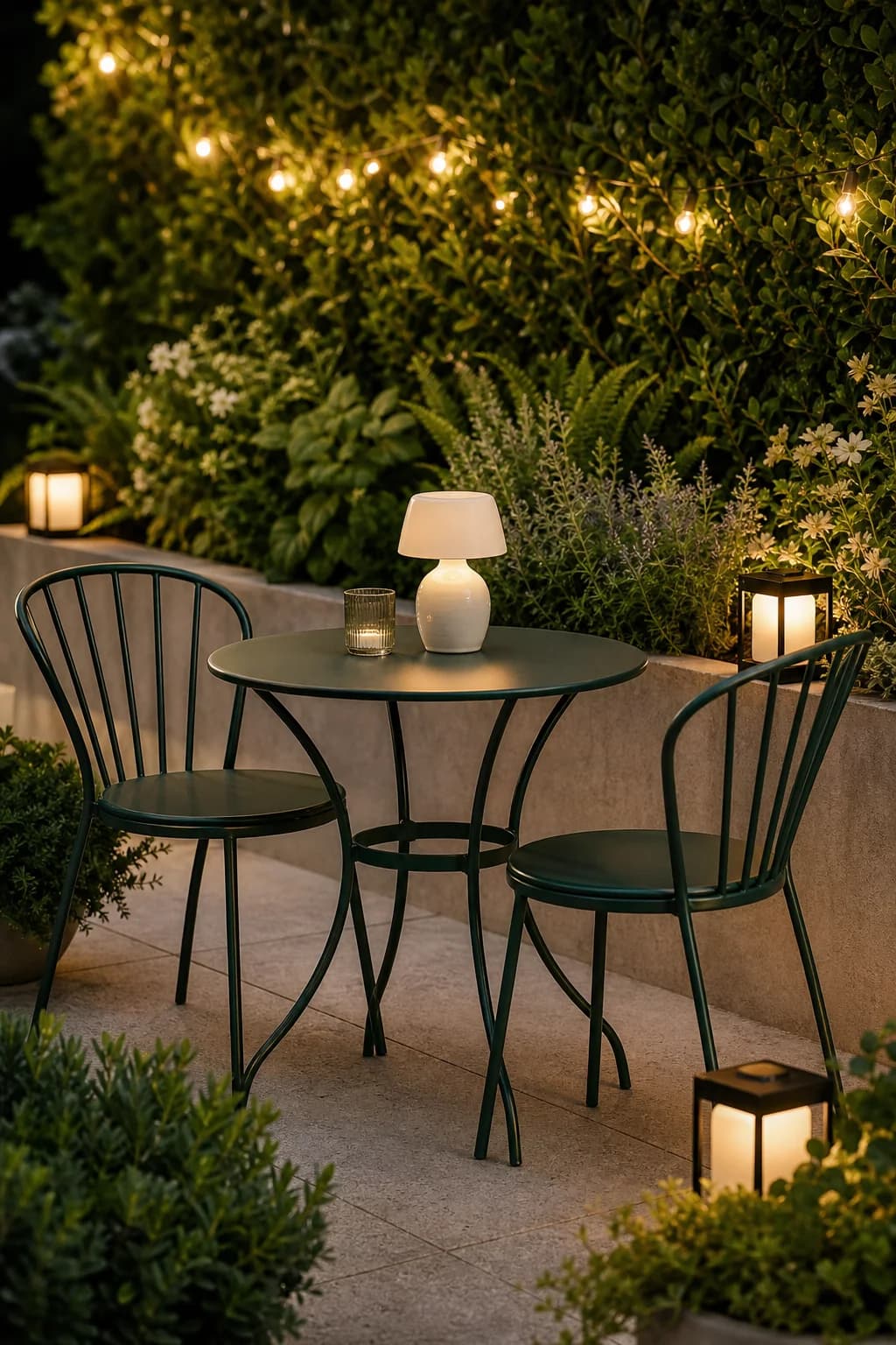 Bistro set on a garden patio lit by a glowing lamp at dusk